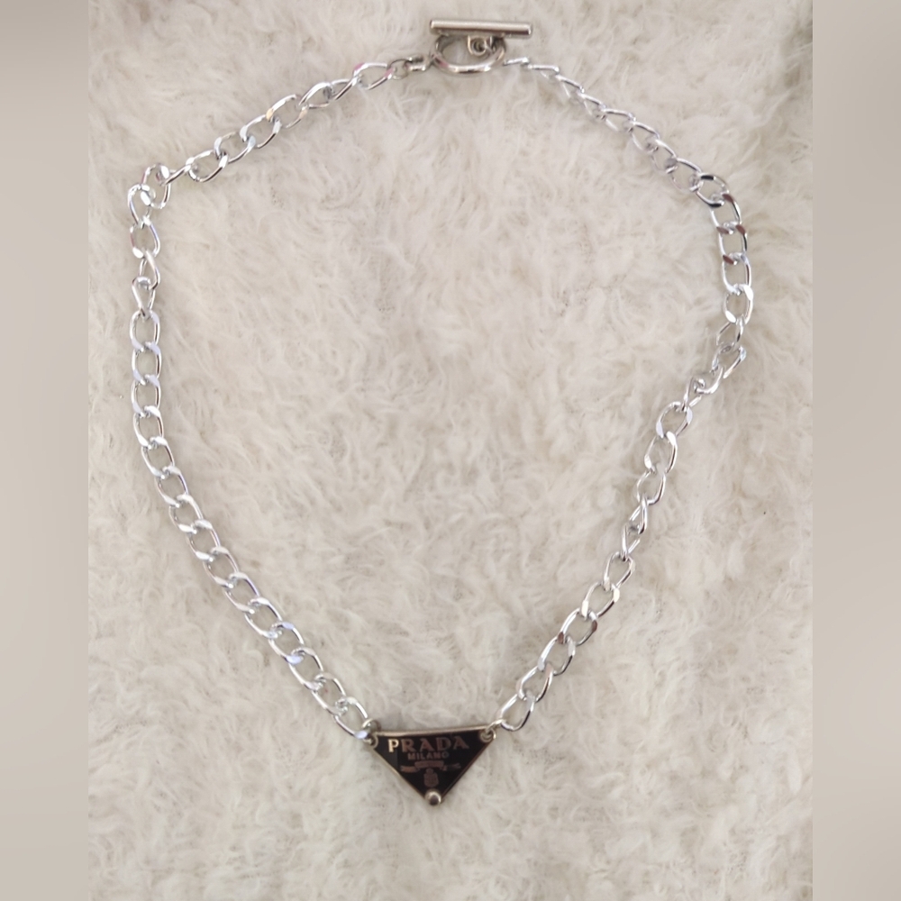 Prada Silver Necklace Upcycled Authentic Prada Charm With Toggle Clasp Trendy - Picture 4 of 6